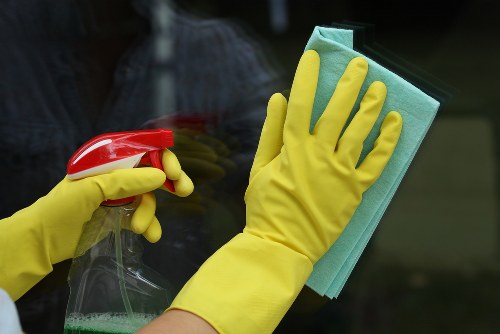 Home cleaning supplies arranged for kitchen and living room maintenance