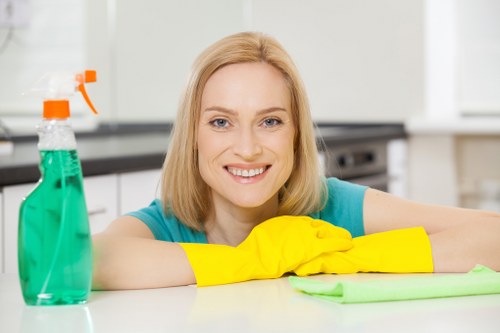 Professional cleaner servicing a communal building corridor